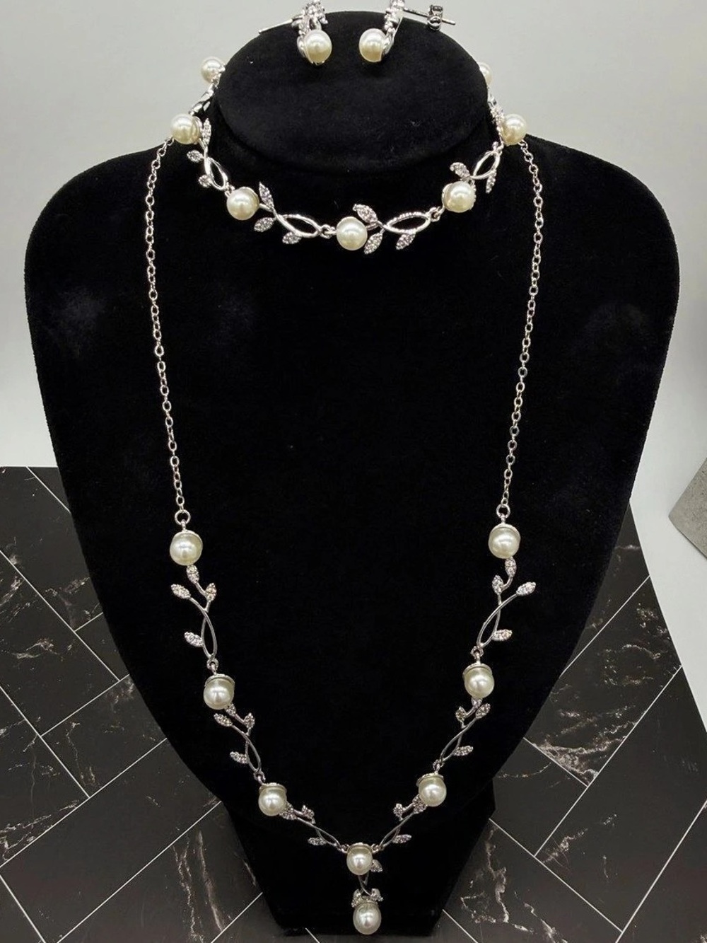 Romantic Bridal Pearl Vine Choker Necklace, Bracelet & Earrings Jewelry Set